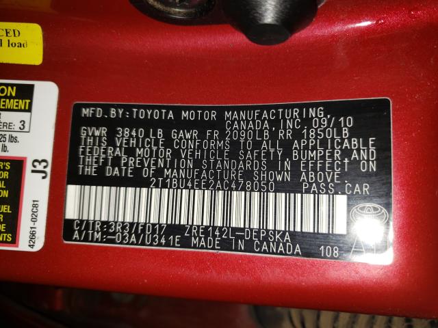 Photo 9 VIN: 2T1BU4EE2AC478050 - TOYOTA COROLLA BA 