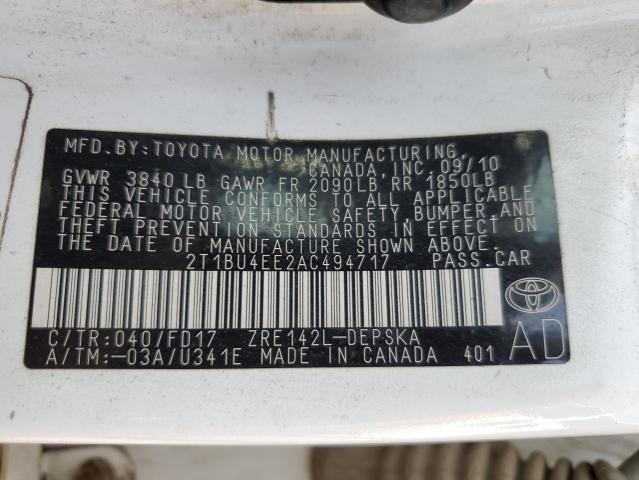 Photo 12 VIN: 2T1BU4EE2AC494717 - TOYOTA COROLLA 