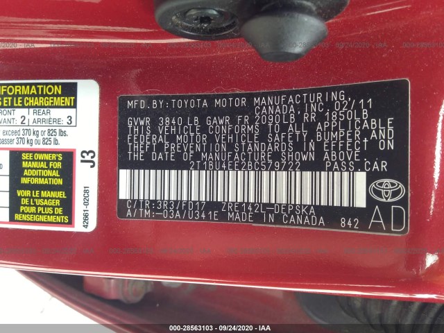 Photo 8 VIN: 2T1BU4EE2BC579722 - TOYOTA COROLLA 