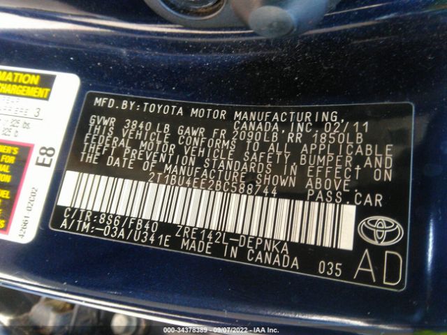 Photo 8 VIN: 2T1BU4EE2BC588744 - TOYOTA COROLLA 