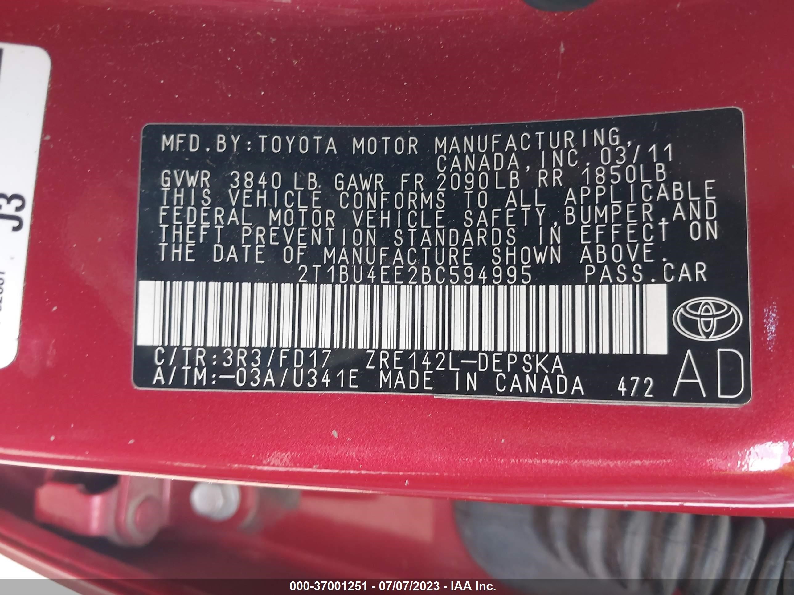 Photo 8 VIN: 2T1BU4EE2BC594995 - TOYOTA COROLLA 