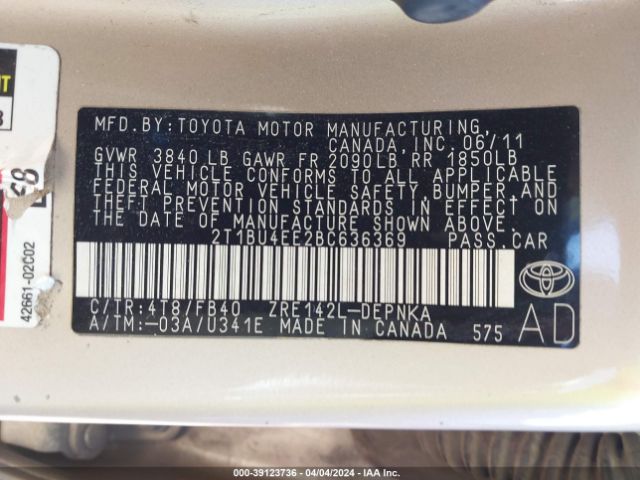 Photo 8 VIN: 2T1BU4EE2BC636369 - TOYOTA COROLLA 