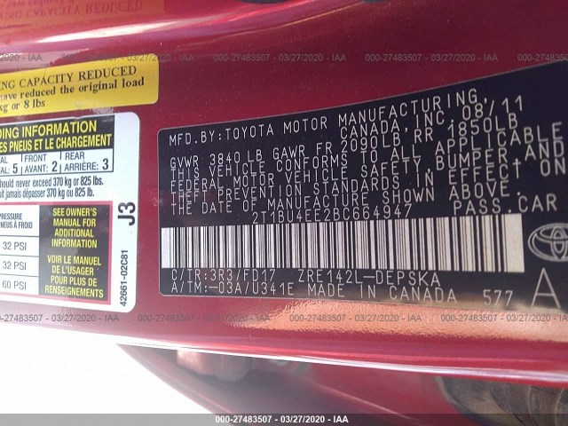 Photo 8 VIN: 2T1BU4EE2BC664947 - TOYOTA COROLLA 