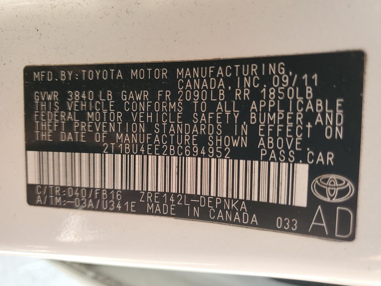 Photo 11 VIN: 2T1BU4EE2BC694952 - TOYOTA COROLLA 