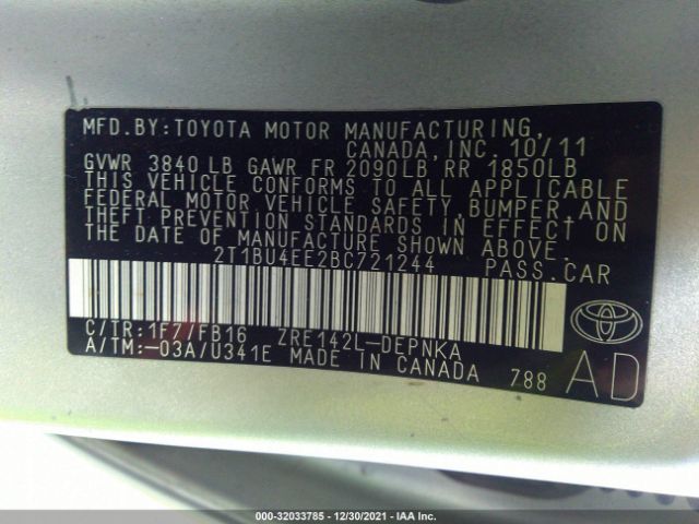 Photo 8 VIN: 2T1BU4EE2BC721244 - TOYOTA COROLLA 