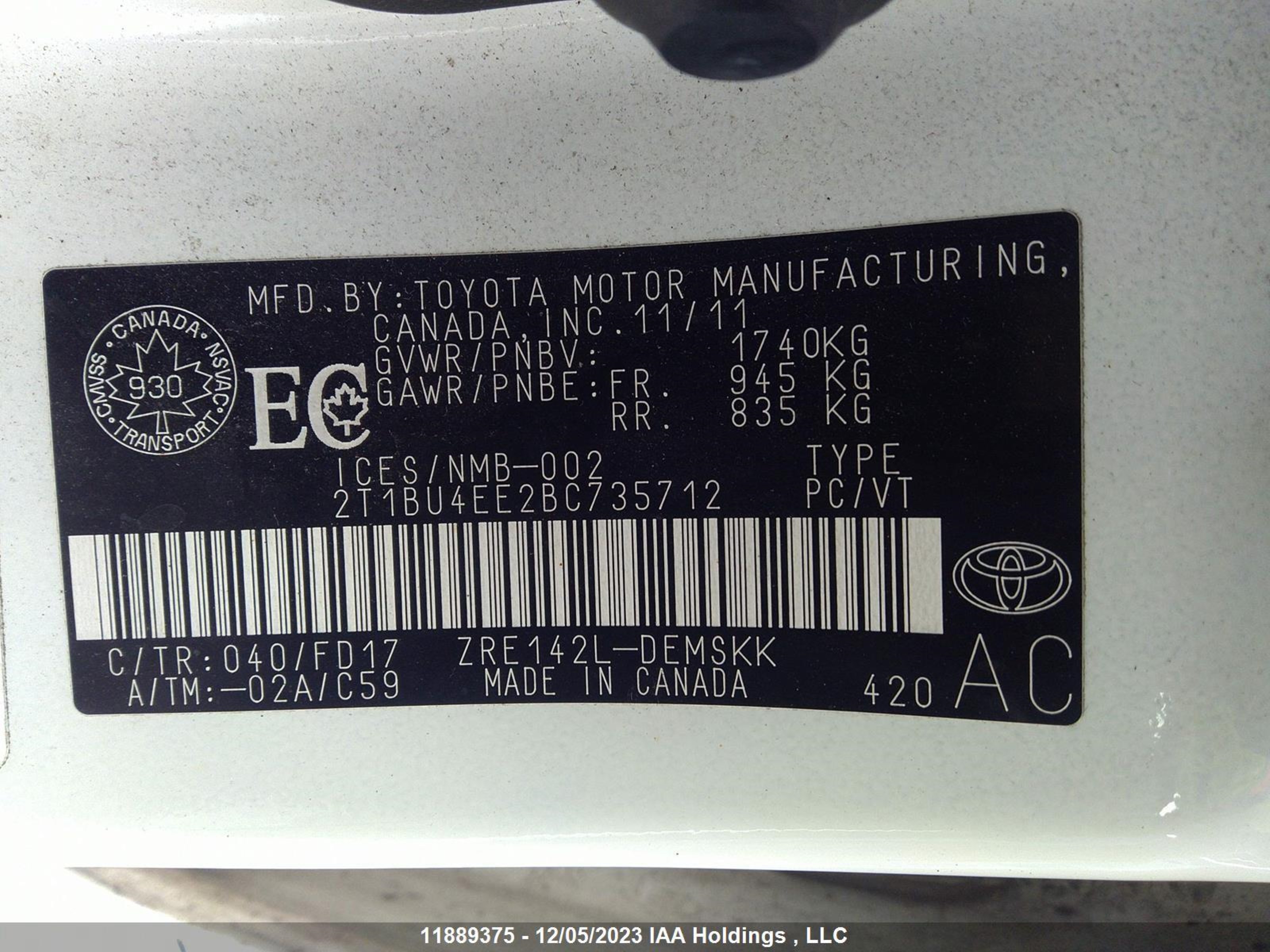 Photo 8 VIN: 2T1BU4EE2BC735712 - TOYOTA COROLLA 