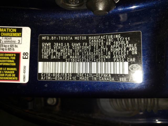 Photo 9 VIN: 2T1BU4EE2BC740201 - TOYOTA COROLLA BA 