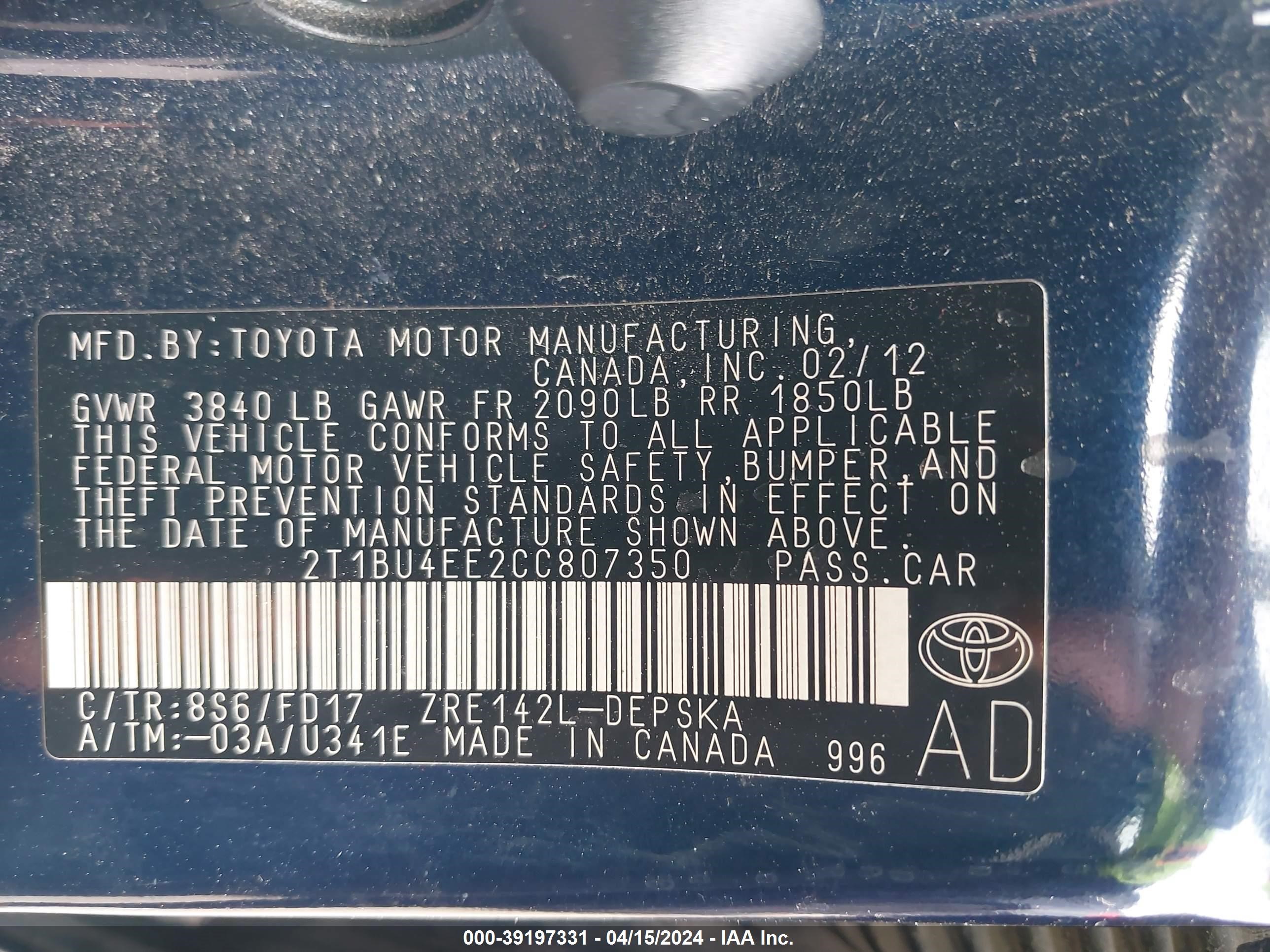 Photo 8 VIN: 2T1BU4EE2CC807350 - TOYOTA COROLLA 