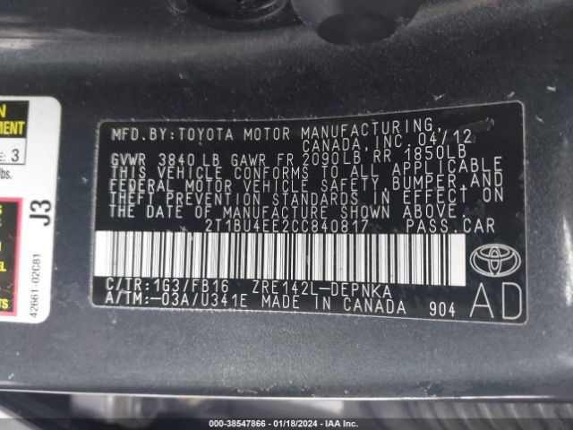 Photo 8 VIN: 2T1BU4EE2CC840817 - TOYOTA COROLLA 