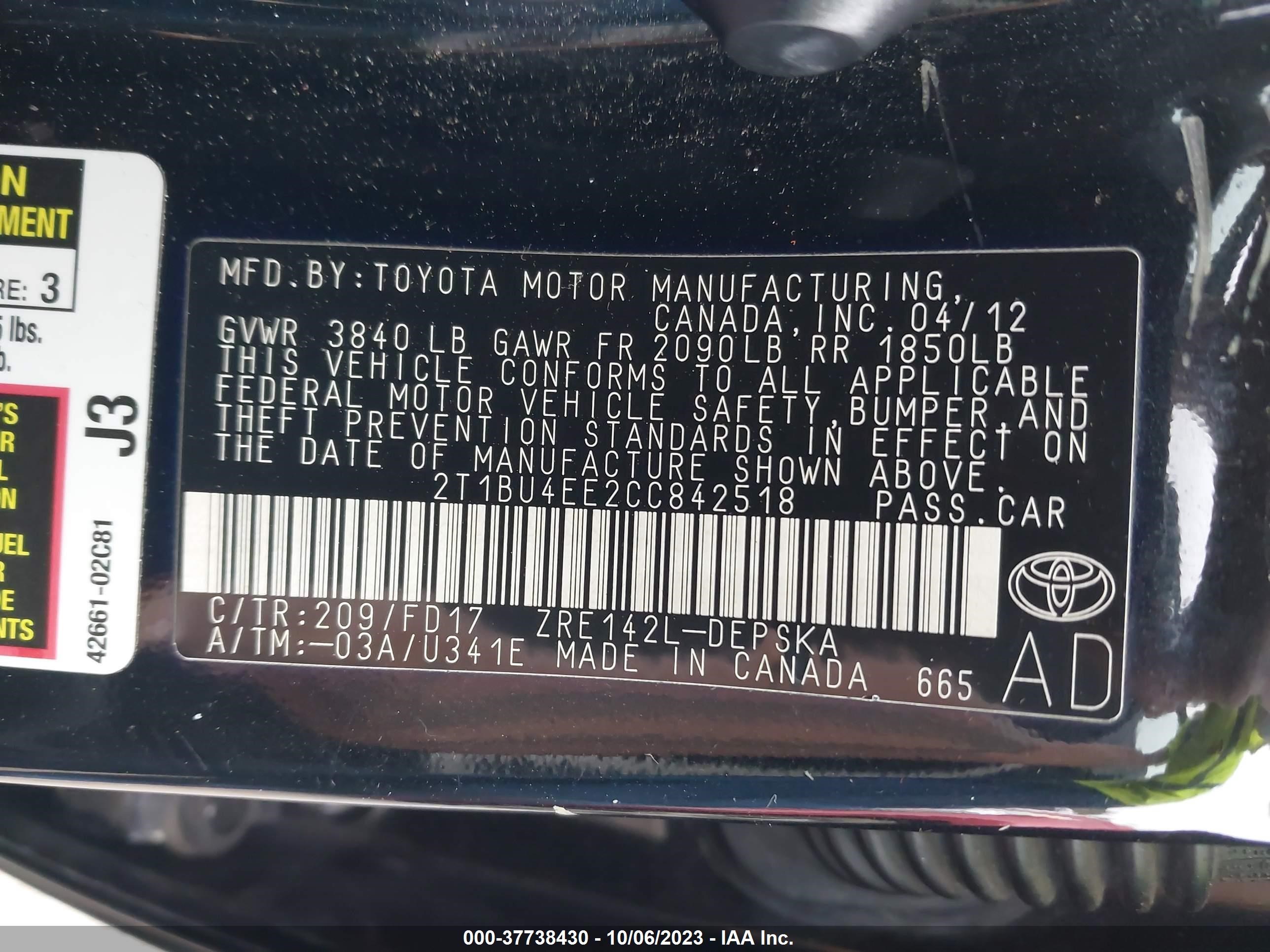 Photo 8 VIN: 2T1BU4EE2CC842518 - TOYOTA COROLLA 