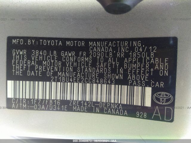 Photo 8 VIN: 2T1BU4EE2CC848643 - TOYOTA COROLLA 