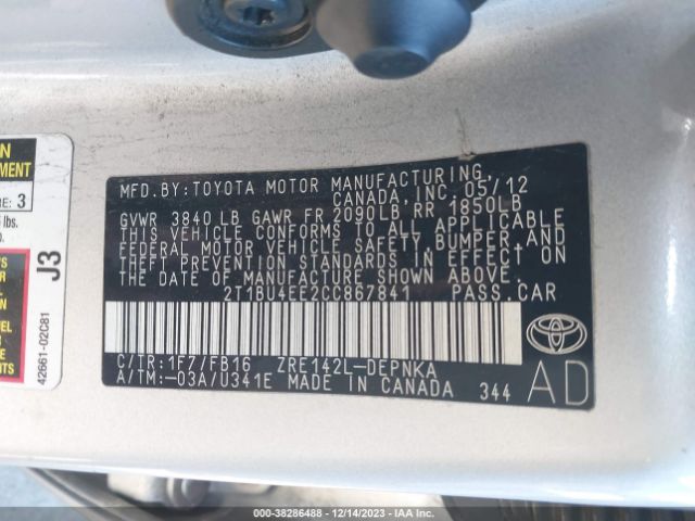 Photo 8 VIN: 2T1BU4EE2CC867841 - TOYOTA COROLLA 