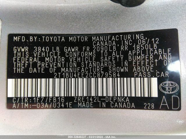 Photo 8 VIN: 2T1BU4EE2CC879584 - TOYOTA COROLLA 