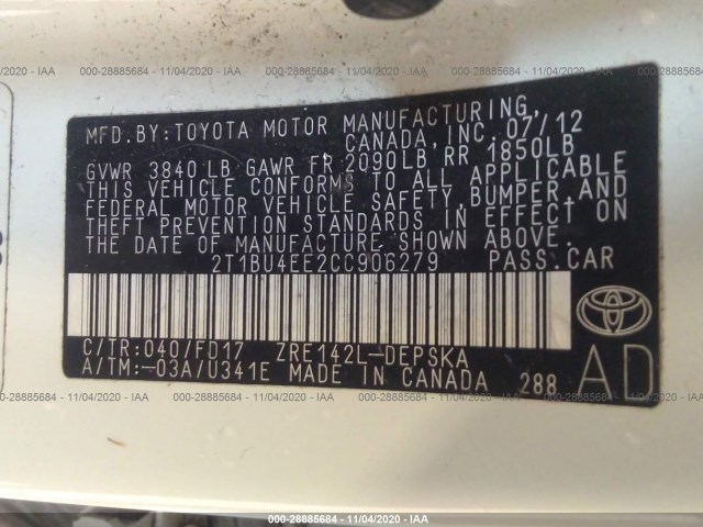 Photo 8 VIN: 2T1BU4EE2CC906279 - TOYOTA COROLLA 