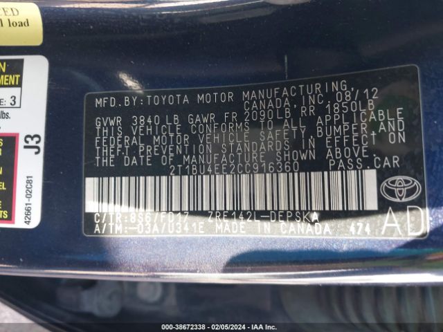 Photo 8 VIN: 2T1BU4EE2CC916360 - TOYOTA COROLLA 