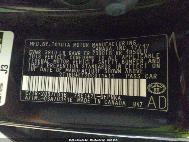 Photo 8 VIN: 2T1BU4EE2DC011411 - TOYOTA COROLLA 