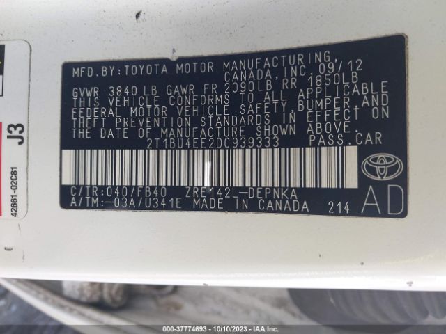 Photo 8 VIN: 2T1BU4EE2DC939333 - TOYOTA COROLLA 