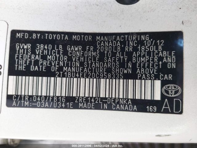 Photo 8 VIN: 2T1BU4EE2DC958335 - TOYOTA COROLLA 