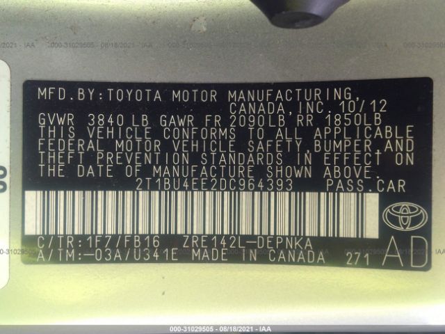 Photo 8 VIN: 2T1BU4EE2DC964393 - TOYOTA COROLLA 