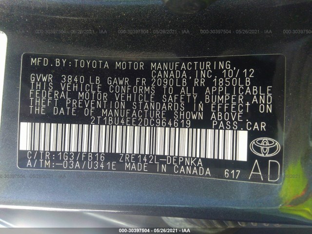 Photo 8 VIN: 2T1BU4EE2DC964619 - TOYOTA COROLLA 