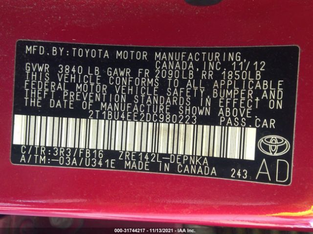 Photo 8 VIN: 2T1BU4EE2DC980223 - TOYOTA COROLLA 