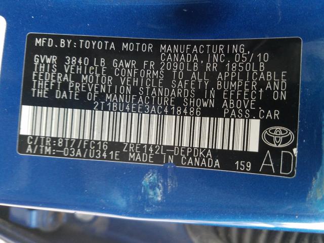 Photo 9 VIN: 2T1BU4EE3AC418486 - TOYOTA COROLLA BA 