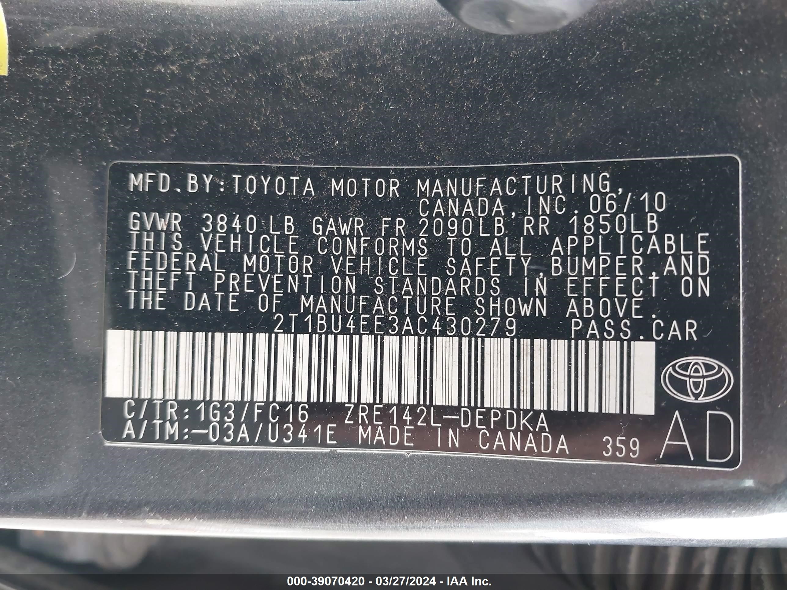 Photo 8 VIN: 2T1BU4EE3AC430279 - TOYOTA COROLLA 