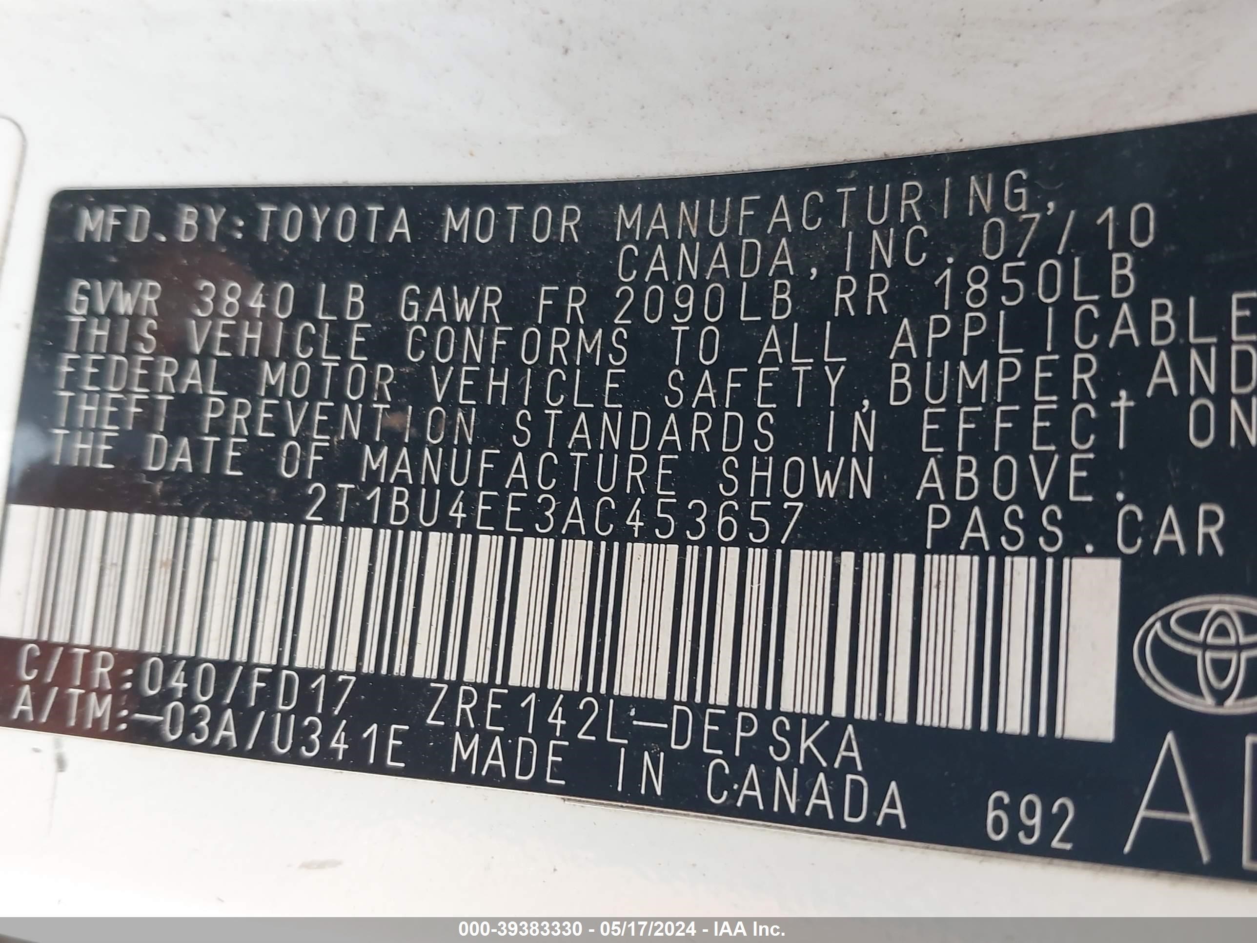 Photo 8 VIN: 2T1BU4EE3AC453657 - TOYOTA COROLLA 