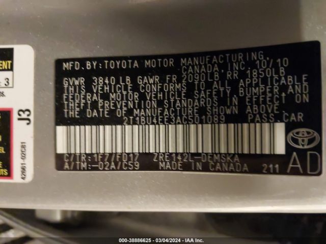 Photo 8 VIN: 2T1BU4EE3AC501089 - TOYOTA COROLLA 