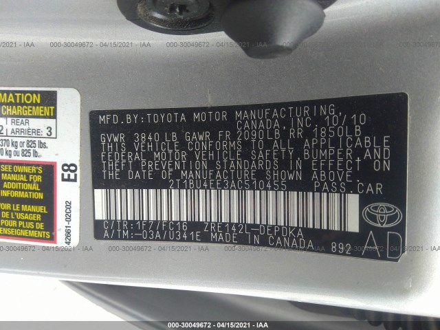 Photo 8 VIN: 2T1BU4EE3AC510455 - TOYOTA COROLLA 