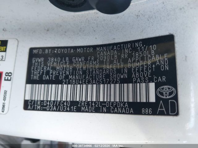 Photo 8 VIN: 2T1BU4EE3AC517275 - TOYOTA COROLLA 