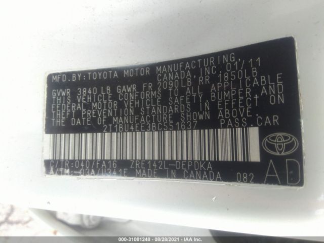 Photo 8 VIN: 2T1BU4EE3BC551637 - TOYOTA COROLLA 