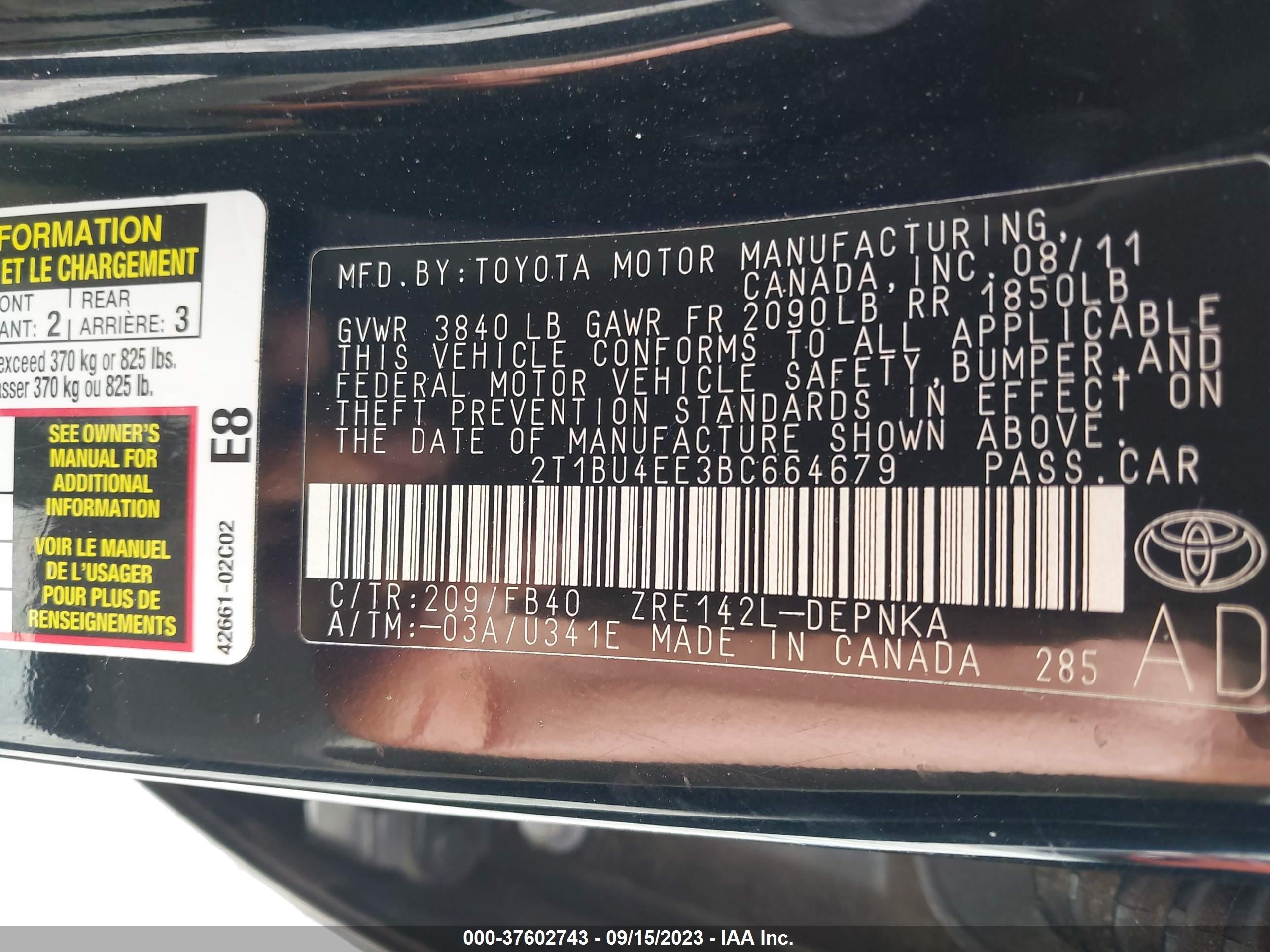 Photo 8 VIN: 2T1BU4EE3BC664679 - TOYOTA COROLLA 