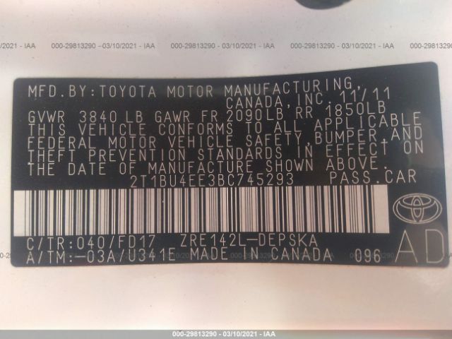 Photo 8 VIN: 2T1BU4EE3BC745293 - TOYOTA COROLLA 