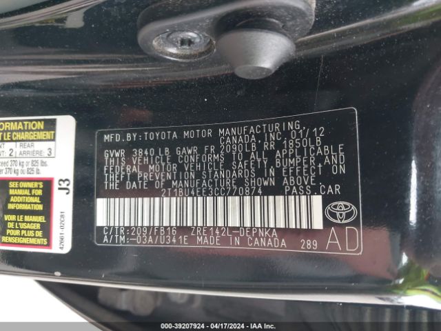 Photo 8 VIN: 2T1BU4EE3CC770874 - TOYOTA COROLLA 