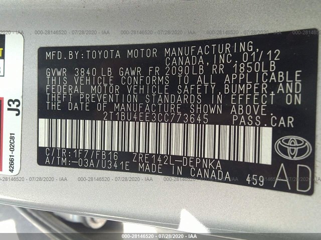 Photo 8 VIN: 2T1BU4EE3CC773645 - TOYOTA COROLLA 