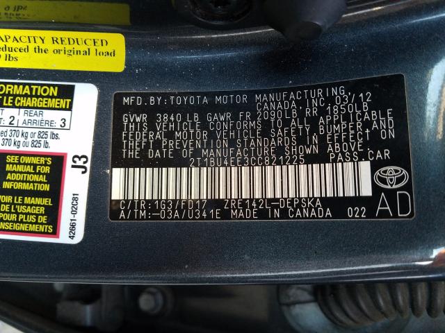 Photo 9 VIN: 2T1BU4EE3CC821225 - TOYOTA COROLLA BA 