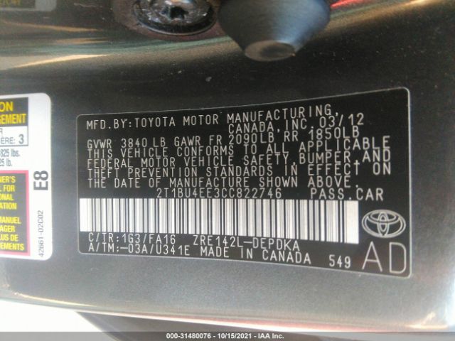 Photo 8 VIN: 2T1BU4EE3CC822746 - TOYOTA COROLLA 