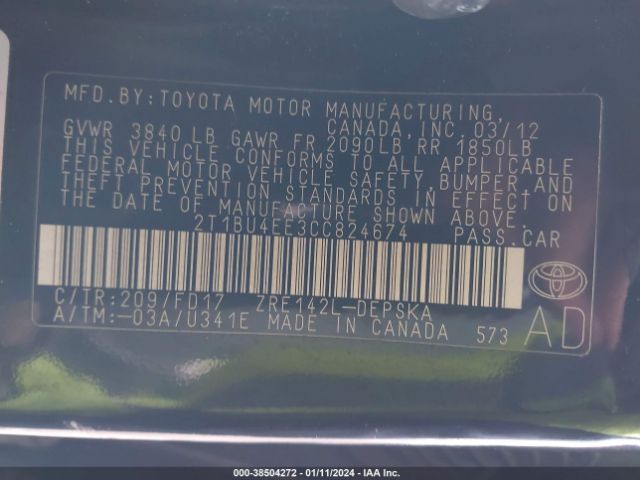 Photo 8 VIN: 2T1BU4EE3CC824674 - TOYOTA COROLLA 