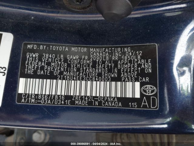 Photo 8 VIN: 2T1BU4EE3CC840003 - TOYOTA COROLLA 