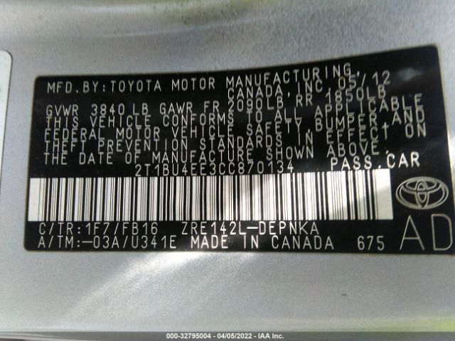 Photo 8 VIN: 2T1BU4EE3CC870134 - TOYOTA COROLLA 