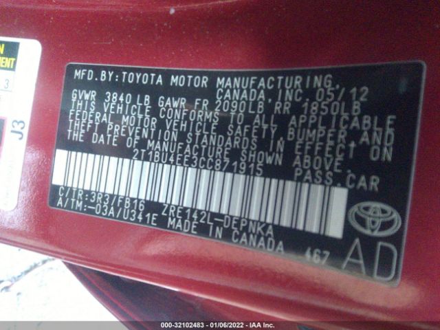 Photo 8 VIN: 2T1BU4EE3CC871915 - TOYOTA COROLLA 