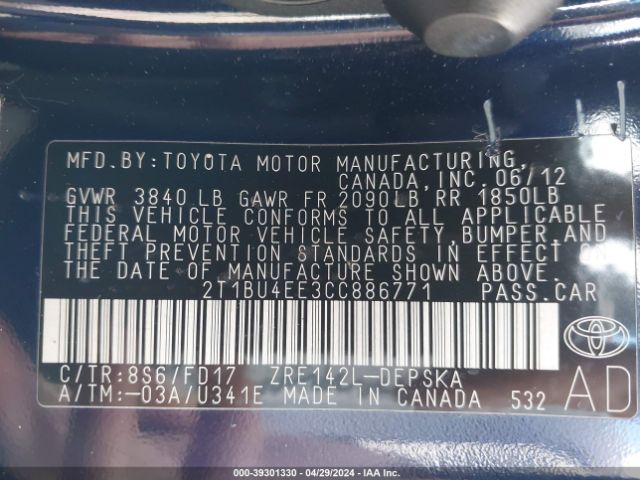 Photo 8 VIN: 2T1BU4EE3CC886771 - TOYOTA COROLLA 