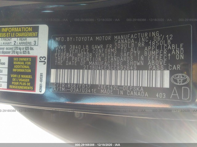 Photo 8 VIN: 2T1BU4EE3CC892649 - TOYOTA COROLLA 