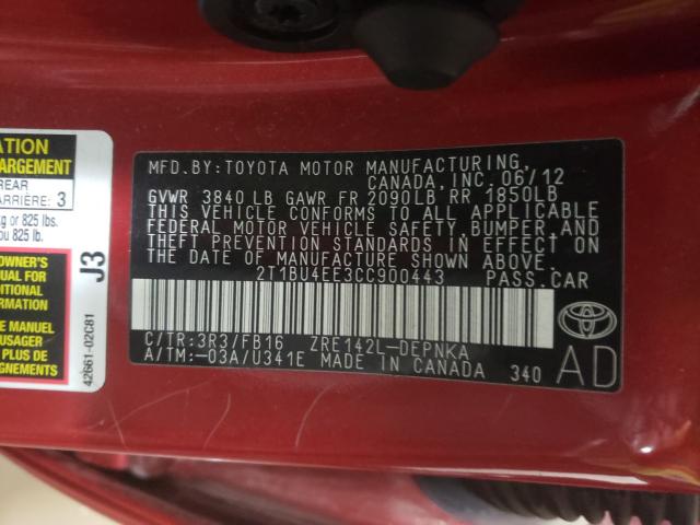 Photo 9 VIN: 2T1BU4EE3CC900443 - TOYOTA COROLLA BA 