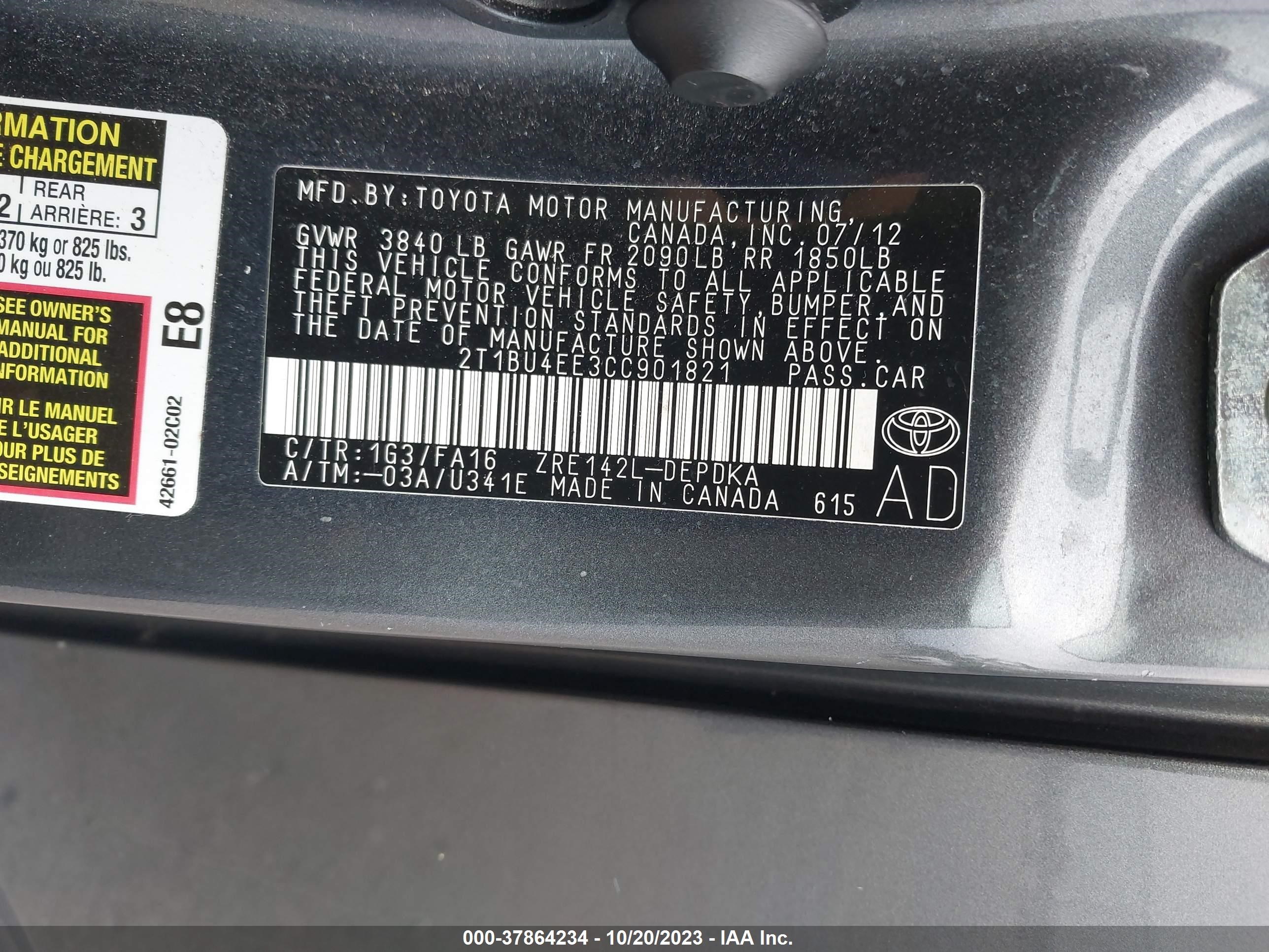 Photo 8 VIN: 2T1BU4EE3CC901821 - TOYOTA COROLLA 