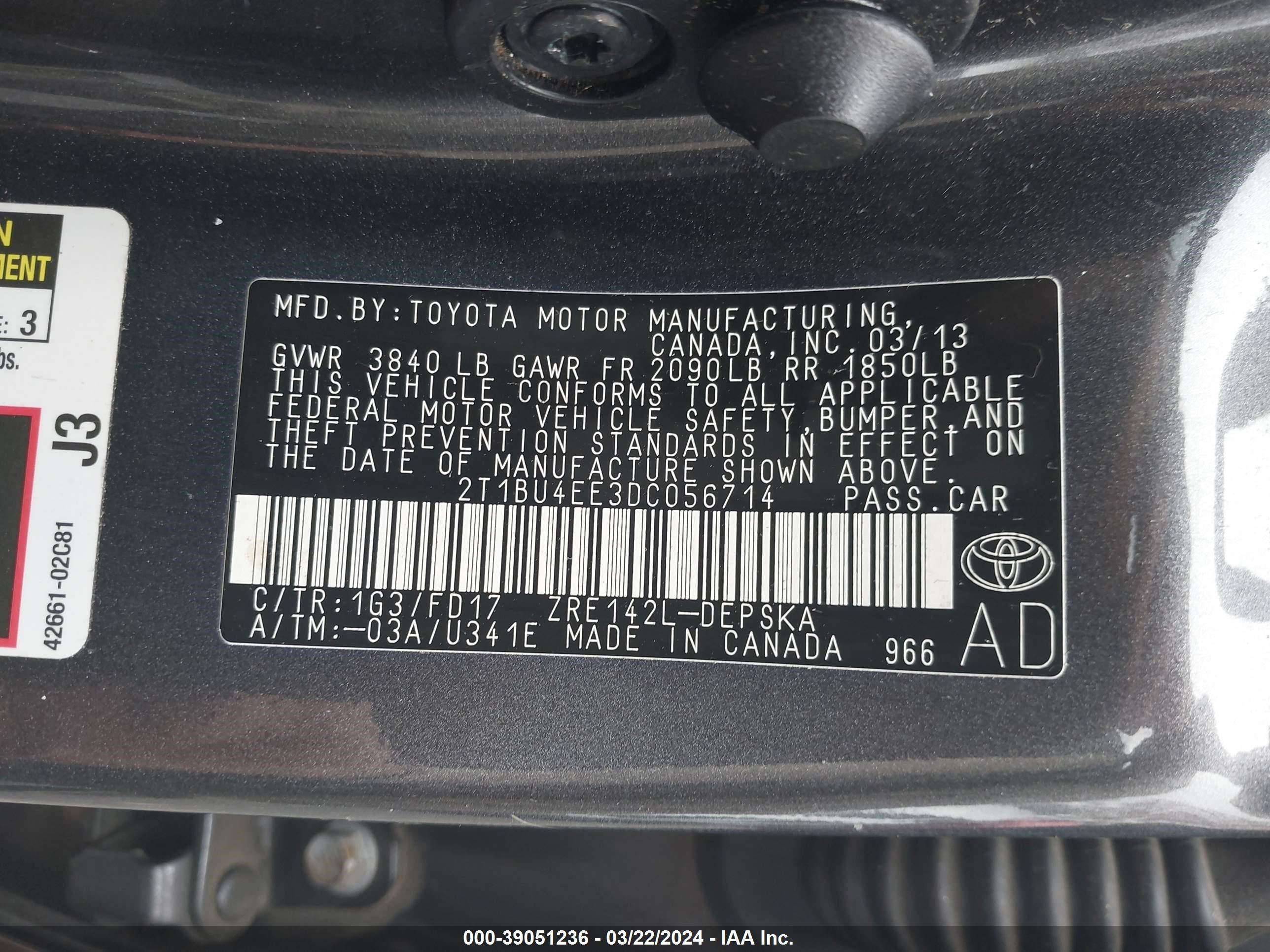 Photo 8 VIN: 2T1BU4EE3DC056714 - TOYOTA COROLLA 