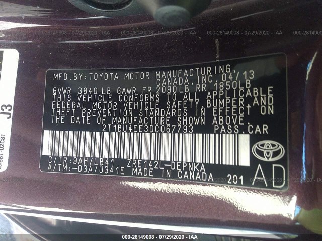 Photo 8 VIN: 2T1BU4EE3DC067793 - TOYOTA COROLLA 