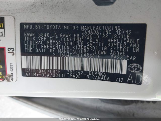 Photo 8 VIN: 2T1BU4EE3DC966816 - TOYOTA COROLLA 