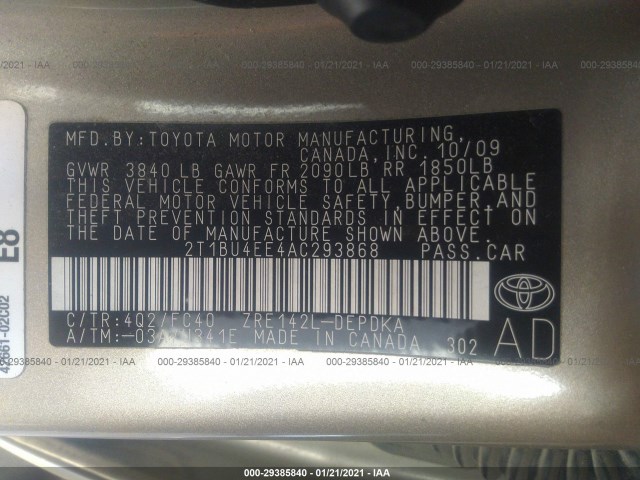 Photo 8 VIN: 2T1BU4EE4AC293868 - TOYOTA COROLLA 